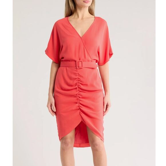Trina Turk Zest Coral Short Sleeve Belted Faux Wrap Knee Length Dress - Picture 1 of 11
